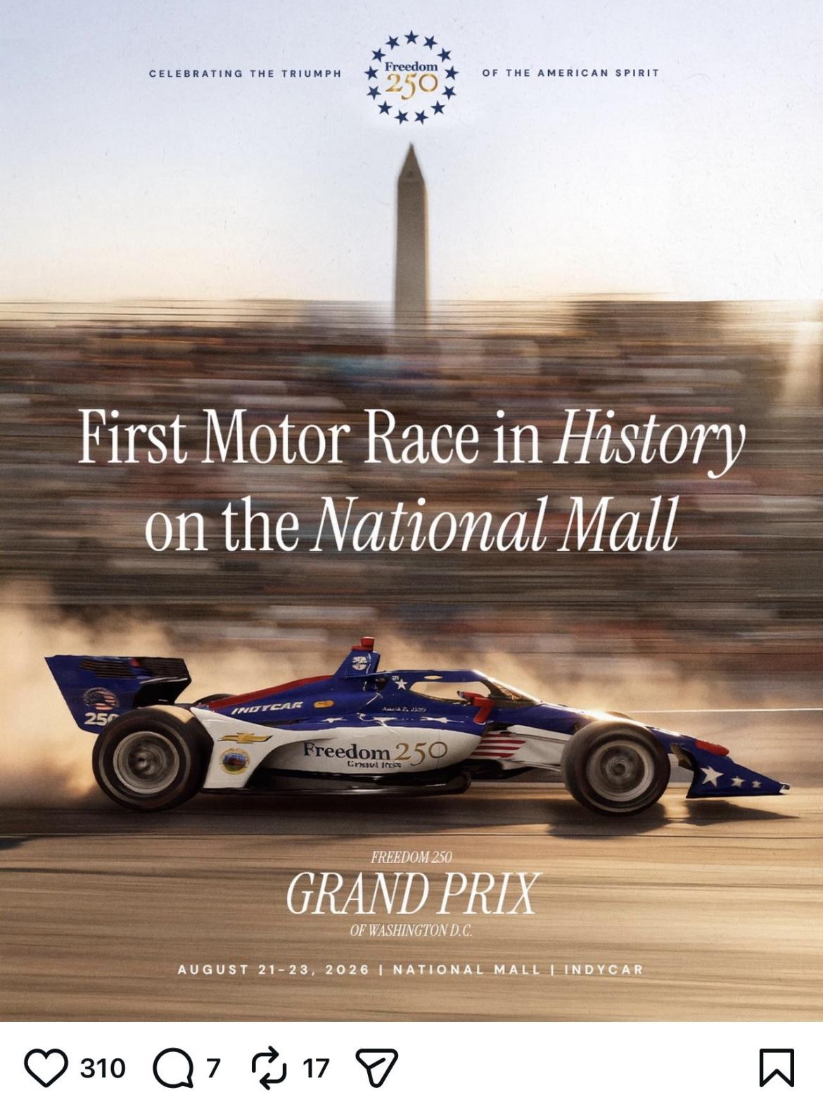 IndyCar race car speeding past the Washington Monument during the Freedom 250 Grand Prix in Washington DC.