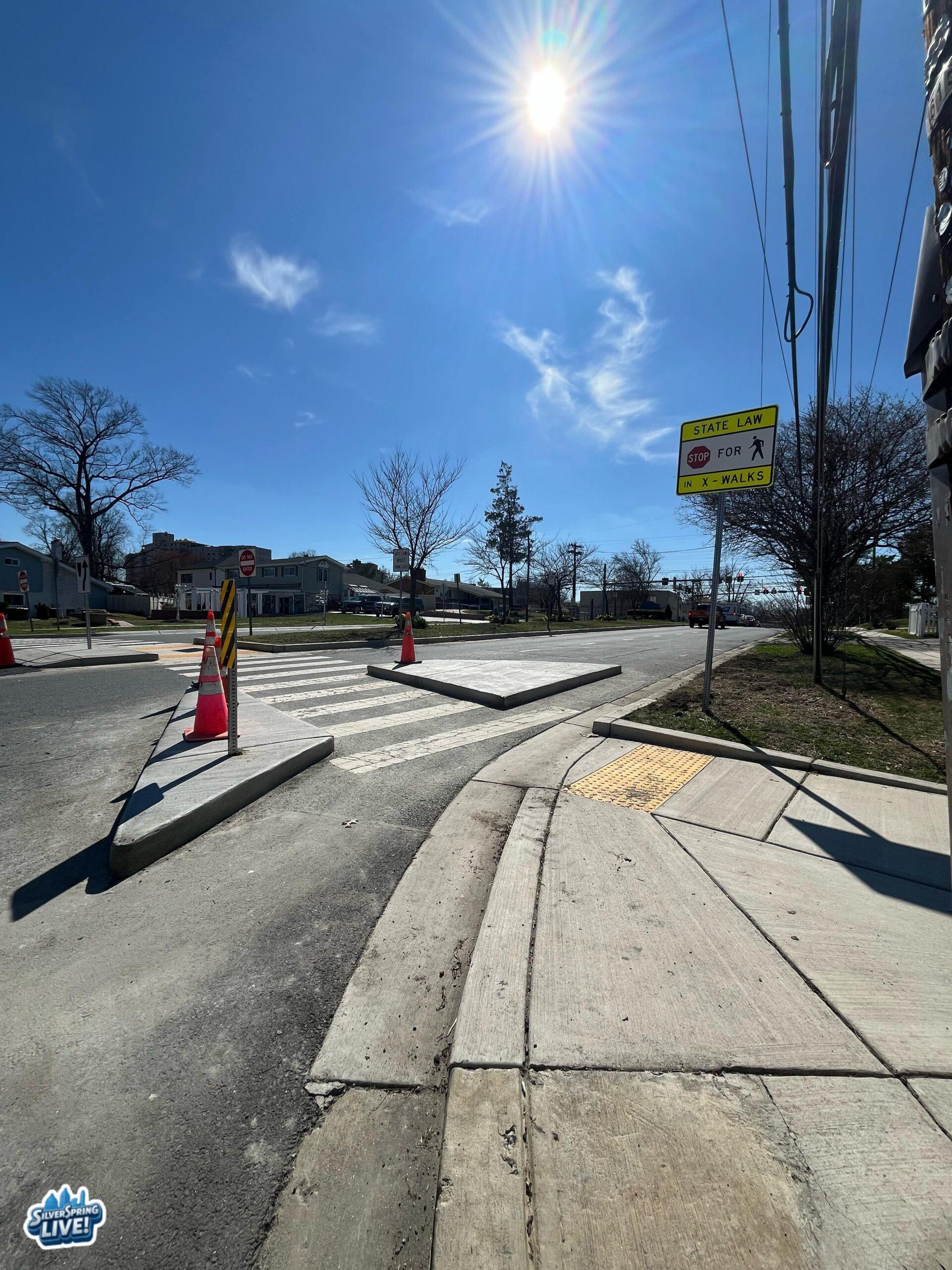 New crosswalk and traffic calming island on Lamberton Road in Kemp Mill Silver Spring Maryland