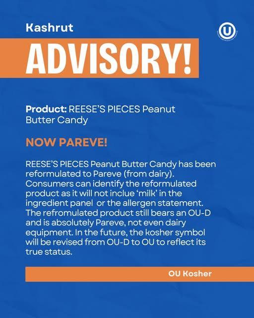 Official OU kosher advisory image confirming Reese’s Pieces Peanut Butter Candy has been reformulated from dairy to pareve, with no milk listed in ingredients or allergen statement and note about packaging still showing OU-D temporarily