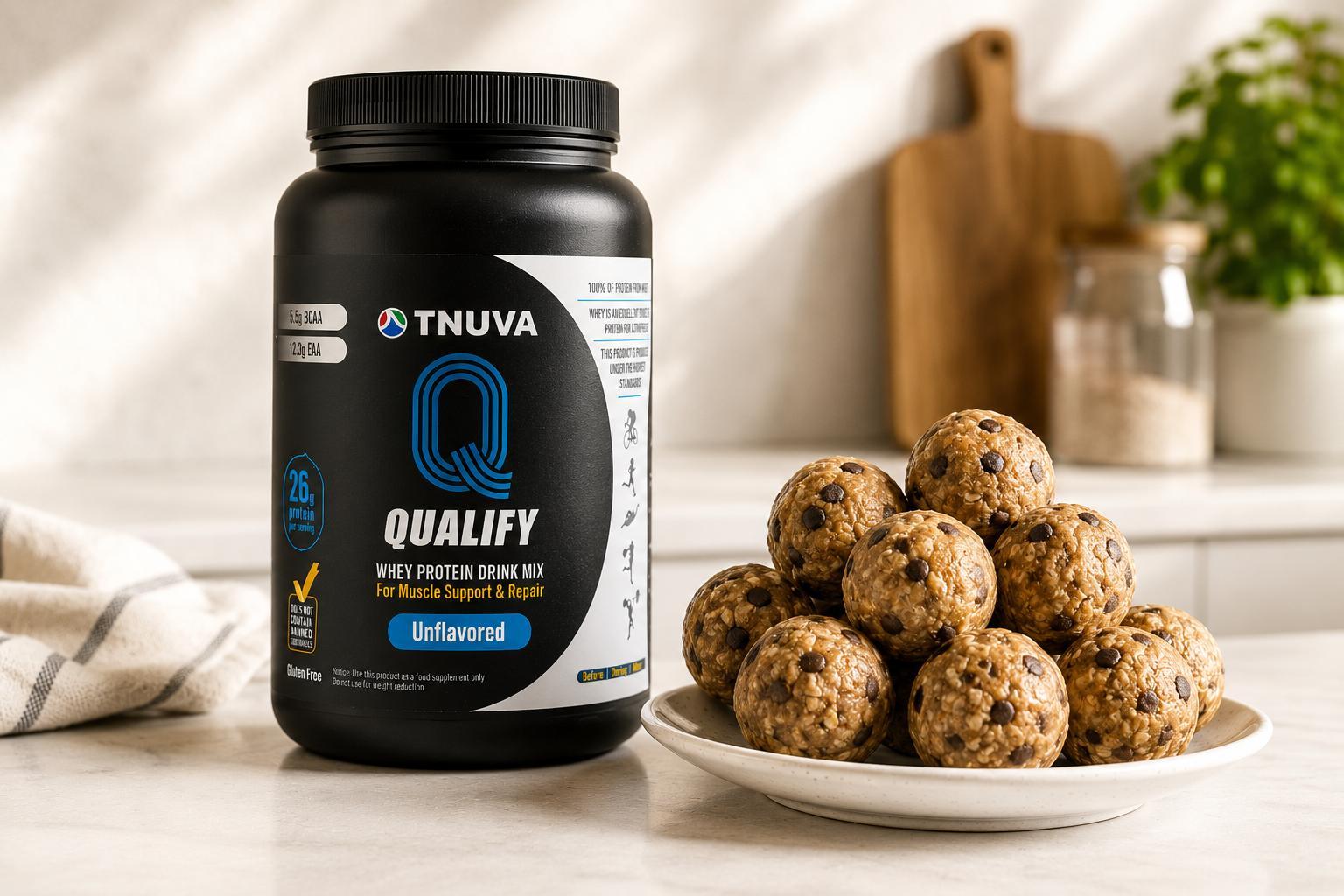 Plate of peanut butter chocolate chip protein energy bites beside Qualify whey protein powder in a modern kitchen setting