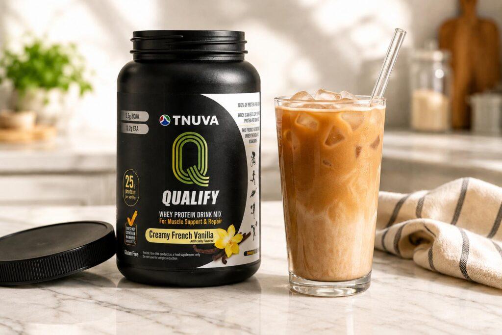 Glass of iced protein coffee next to Qualify Creamy French Vanilla whey protein powder on a marble kitchen counter