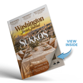 Washington Jewish Journal September 2026 Sukkos issue cover featuring a holiday table overlooking Jerusalem at sunset.