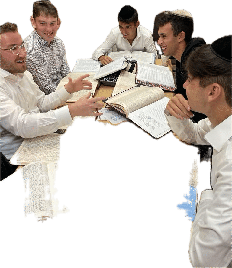 Dovid Amar, Ezra Friedman, Ikey Rozehzadeh and Doni Horowitz learning Gemara with their av bayis