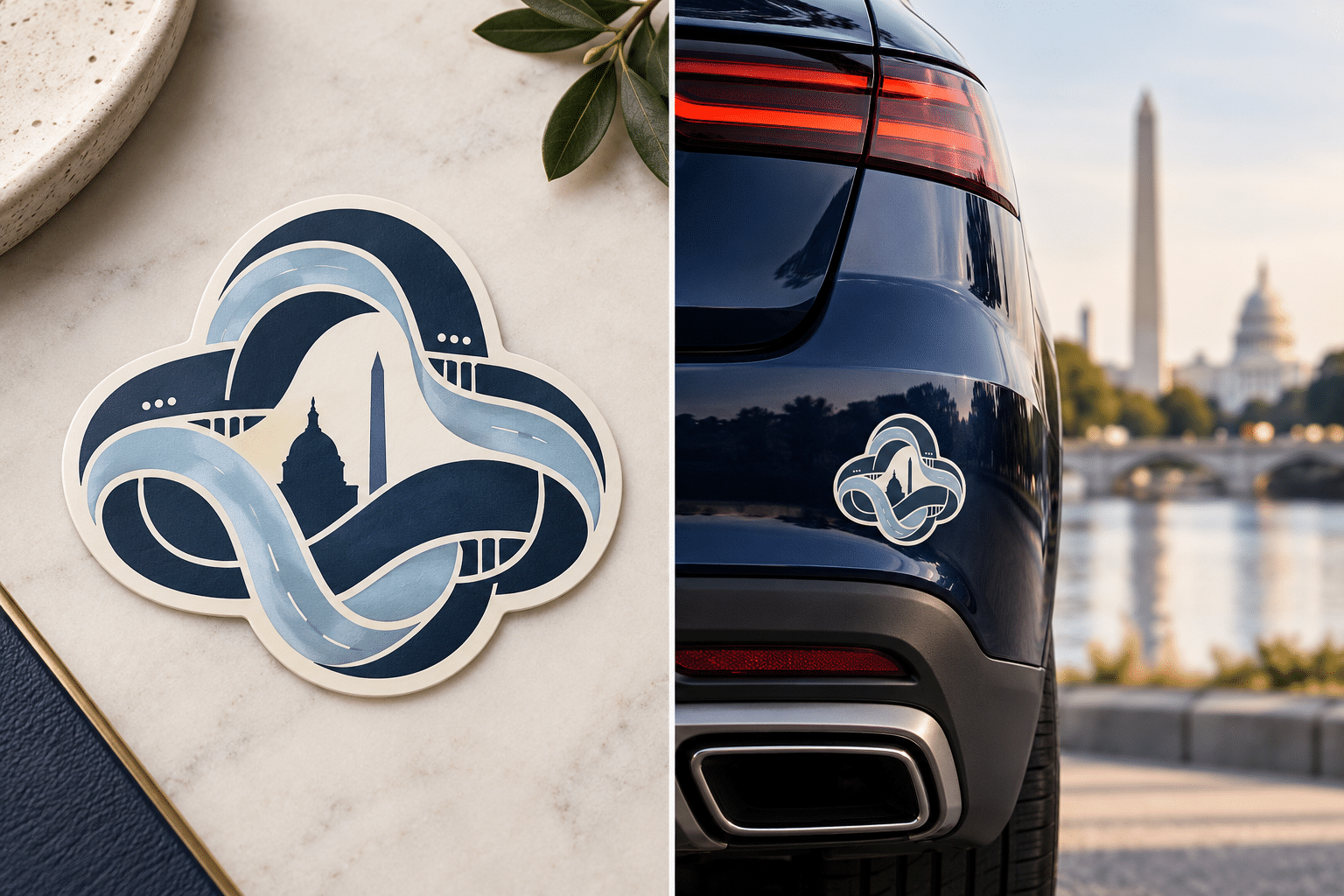 The Beltway Emblem Sticker — product and detail views