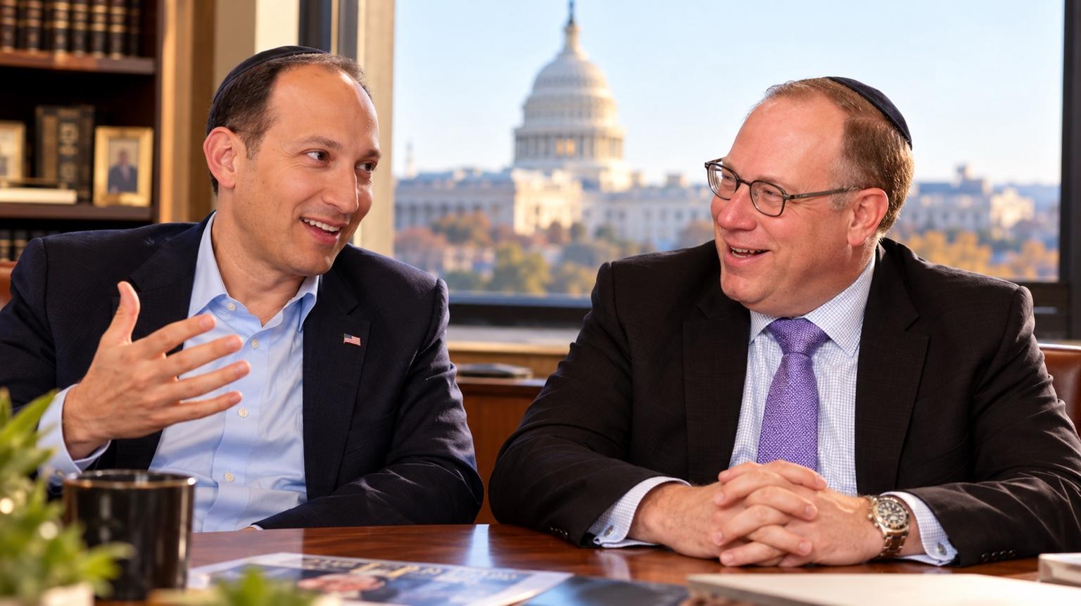 Two guests in conversation with the United States Capitol visible through the window