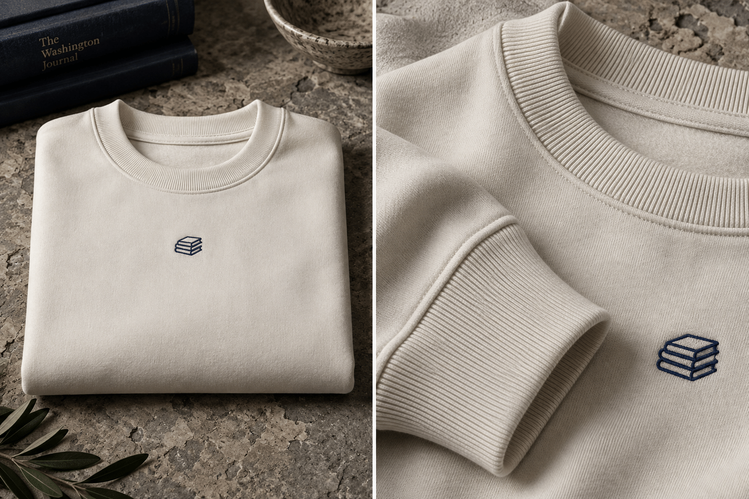 The Ivory Signature Crewneck — product and detail views