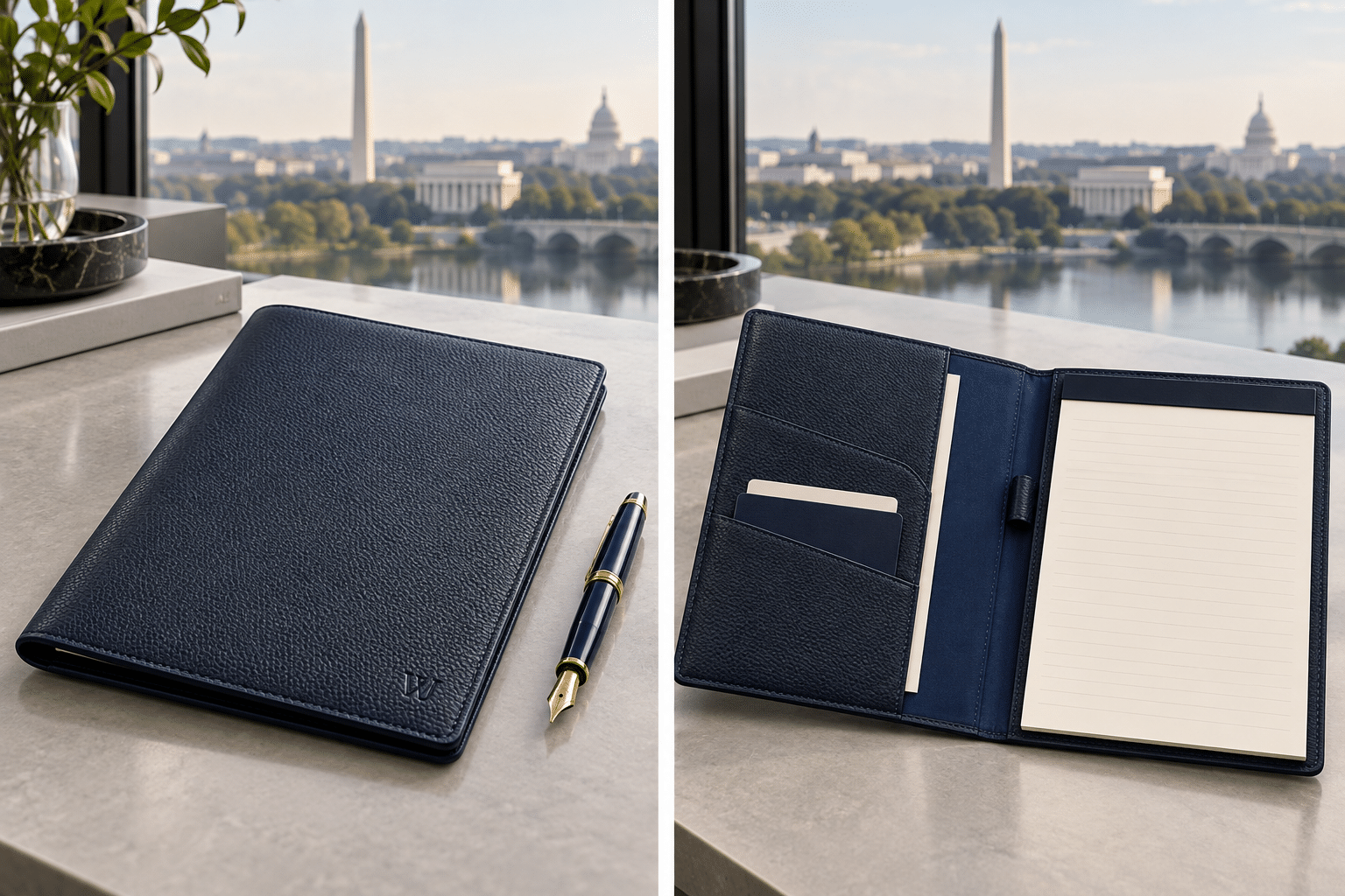 The Editor’s Leather Folio — product and detail views