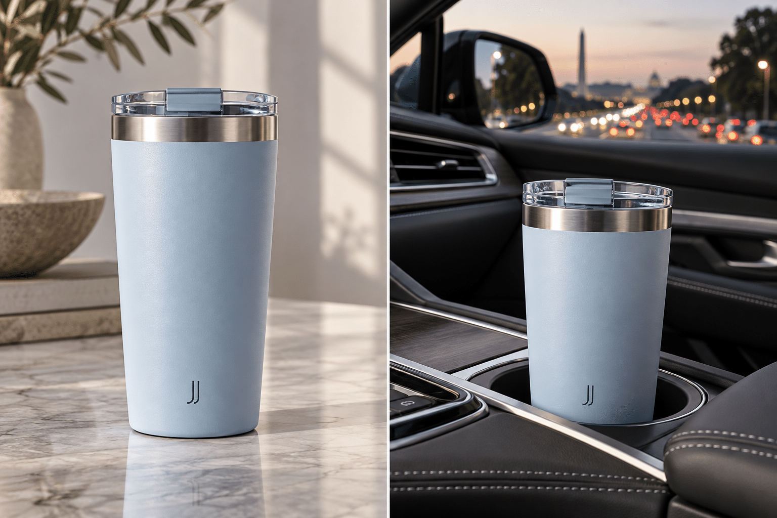 The Long-Day Travel Tumbler — product and detail views