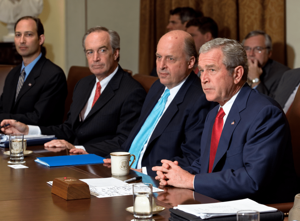 Dr. Tevi Troy, Dirk Kempthorne, John Negroponte and President George W. Bush seated at a Cabinet meeting.