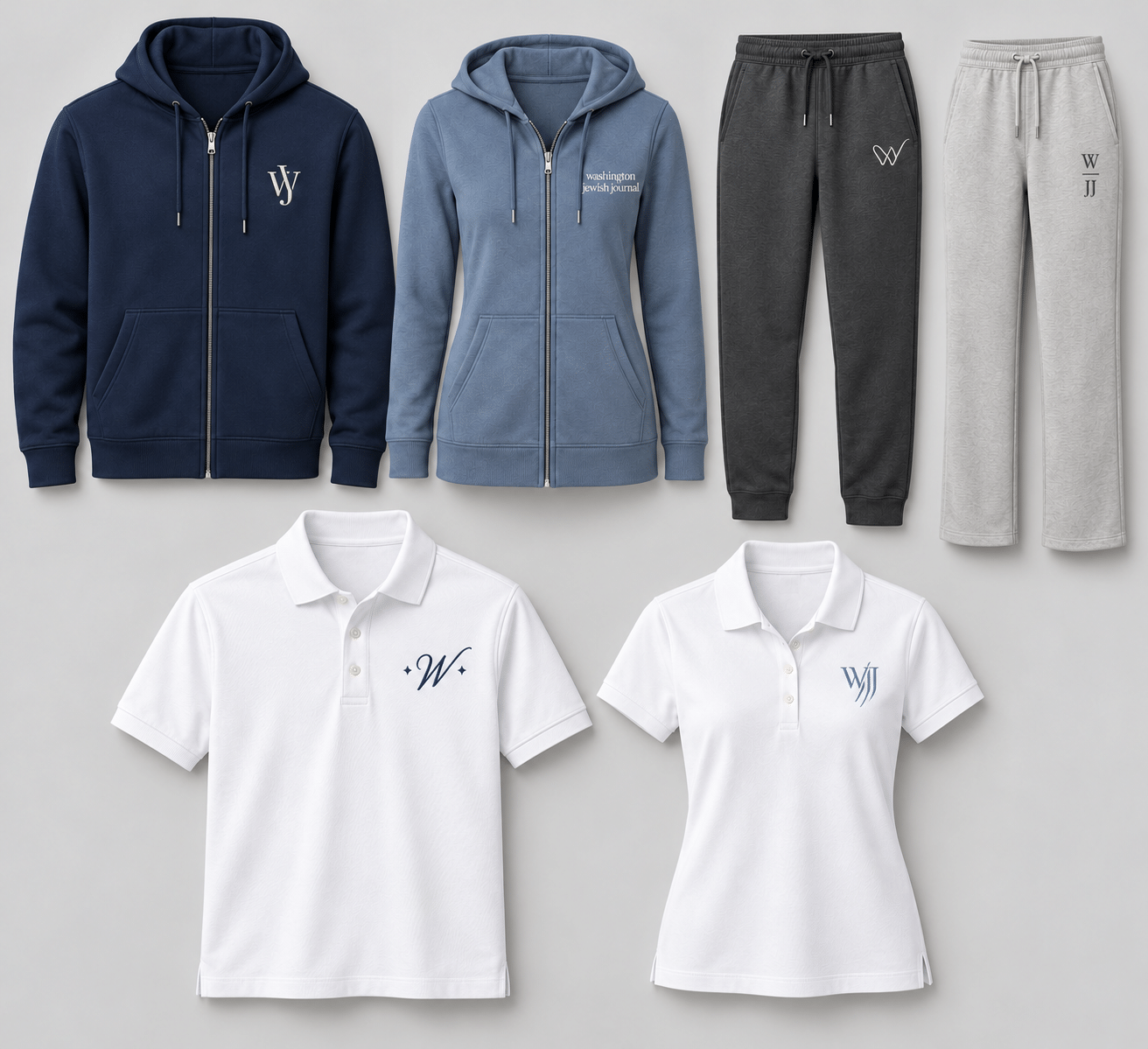 Men’s and women’s zip-up sweatshirts, sweatpants and white polos, each with an original mark